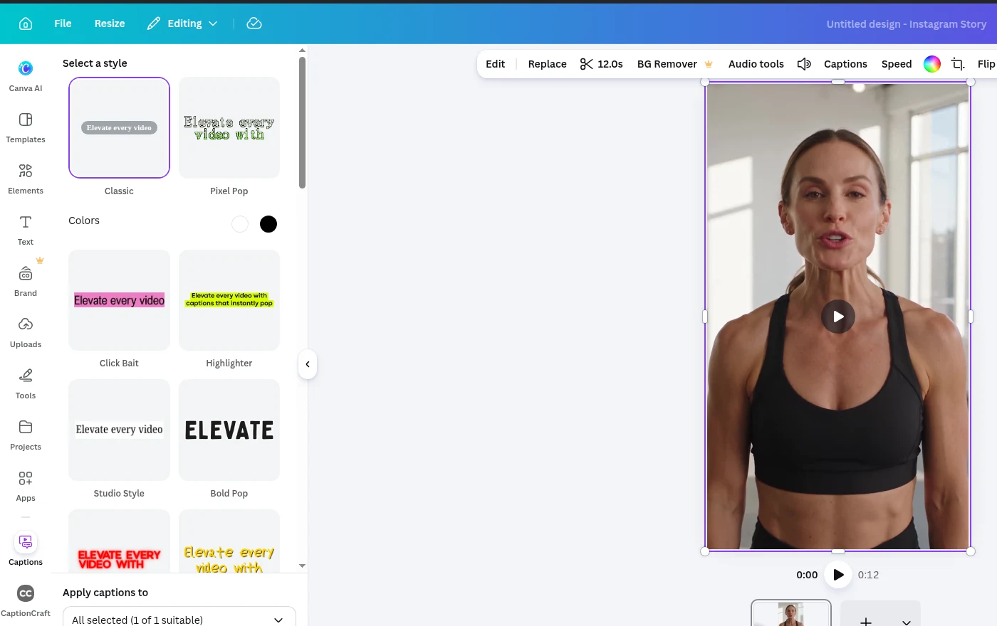 Canva's built-in Captions panel with caption styles and the Generate captions button