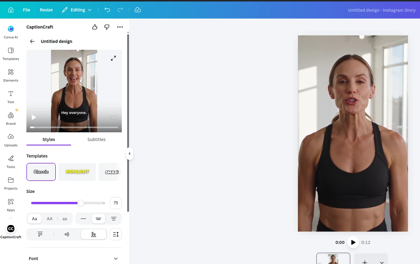 CaptionCraft's Styles tab in Canva, with caption templates, size and position settings next to the video