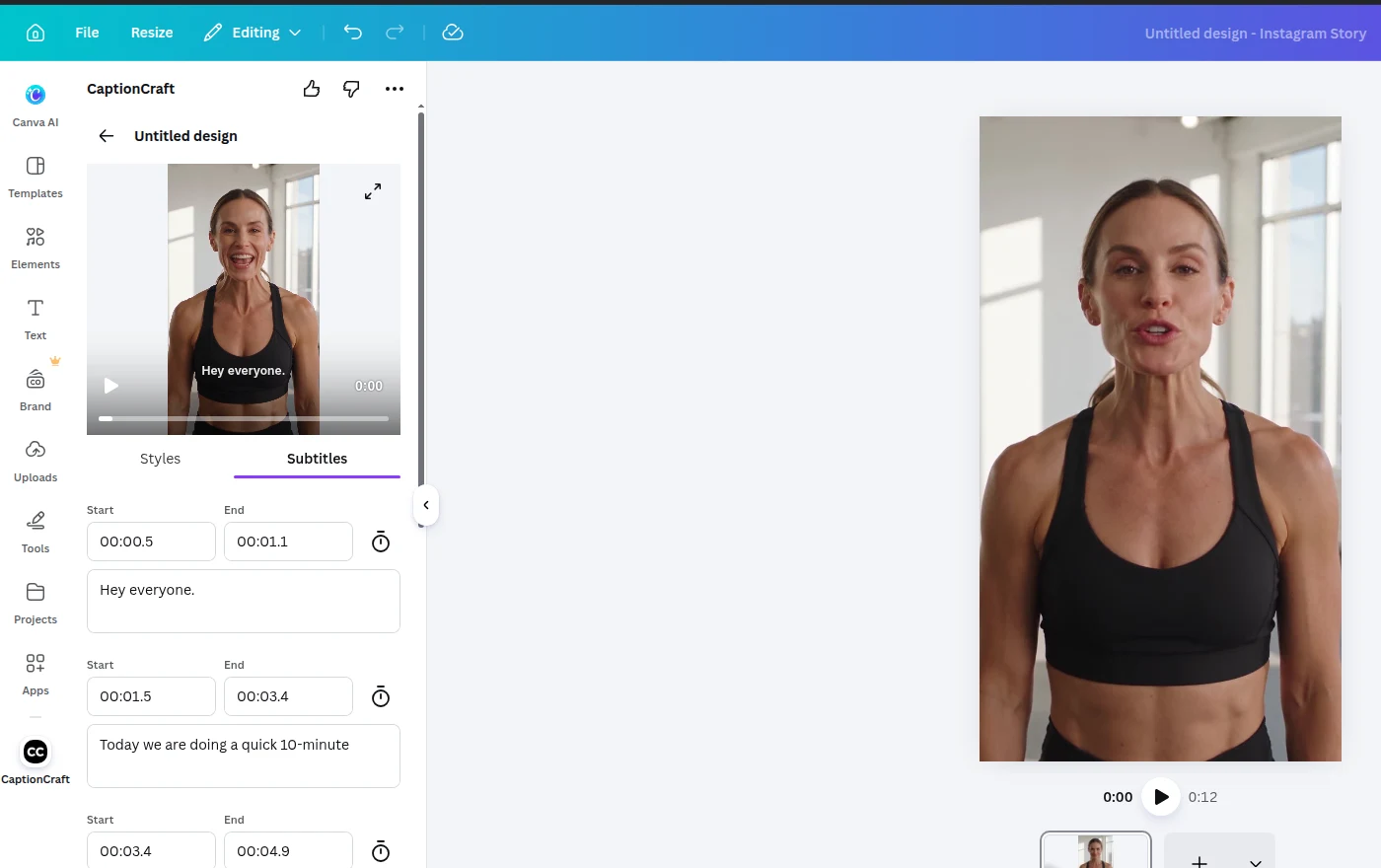 CaptionCraft's Subtitles tab in Canva with each caption's start time, end time and text