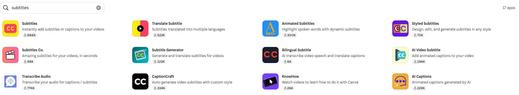 Canva Apps marketplace search for subtitles showing Subtitles, Translate Subtitle, Animated Subtitles, Styled Subtitles, Subtitle Generator, CaptionCraft and other apps with their user counts