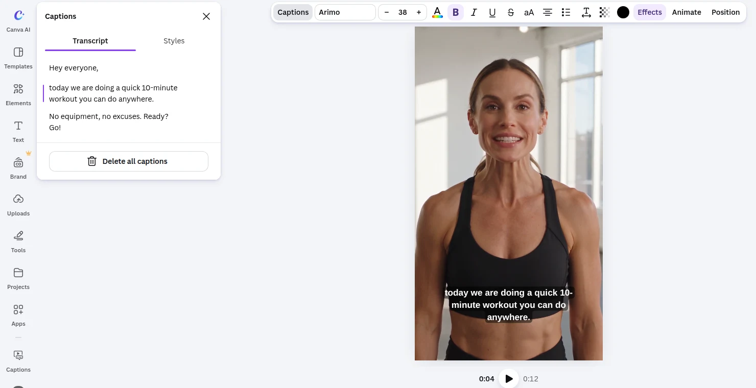 Canva's Captions panel with the Transcript tab listing three subtitle lines, next to the video showing the second line as a subtitle