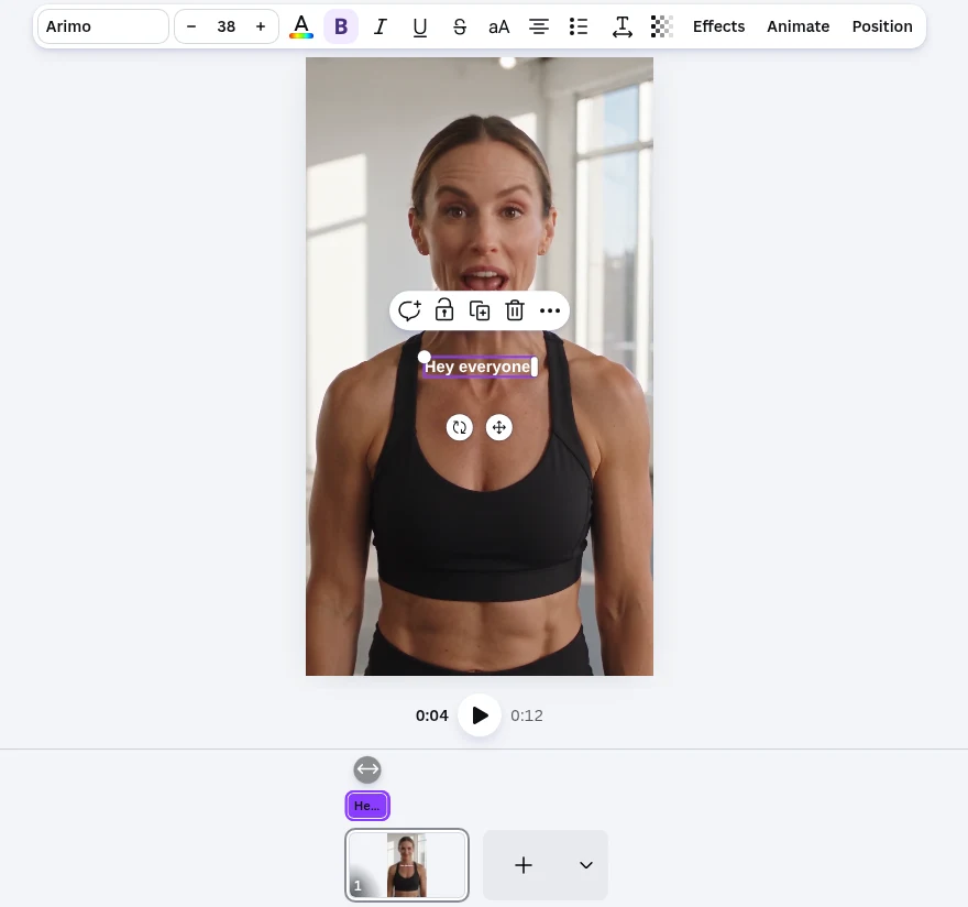 A text box reading Hey everyone on a vertical video in Canva, with its element timing bar shortened to the first seconds above the page thumbnail