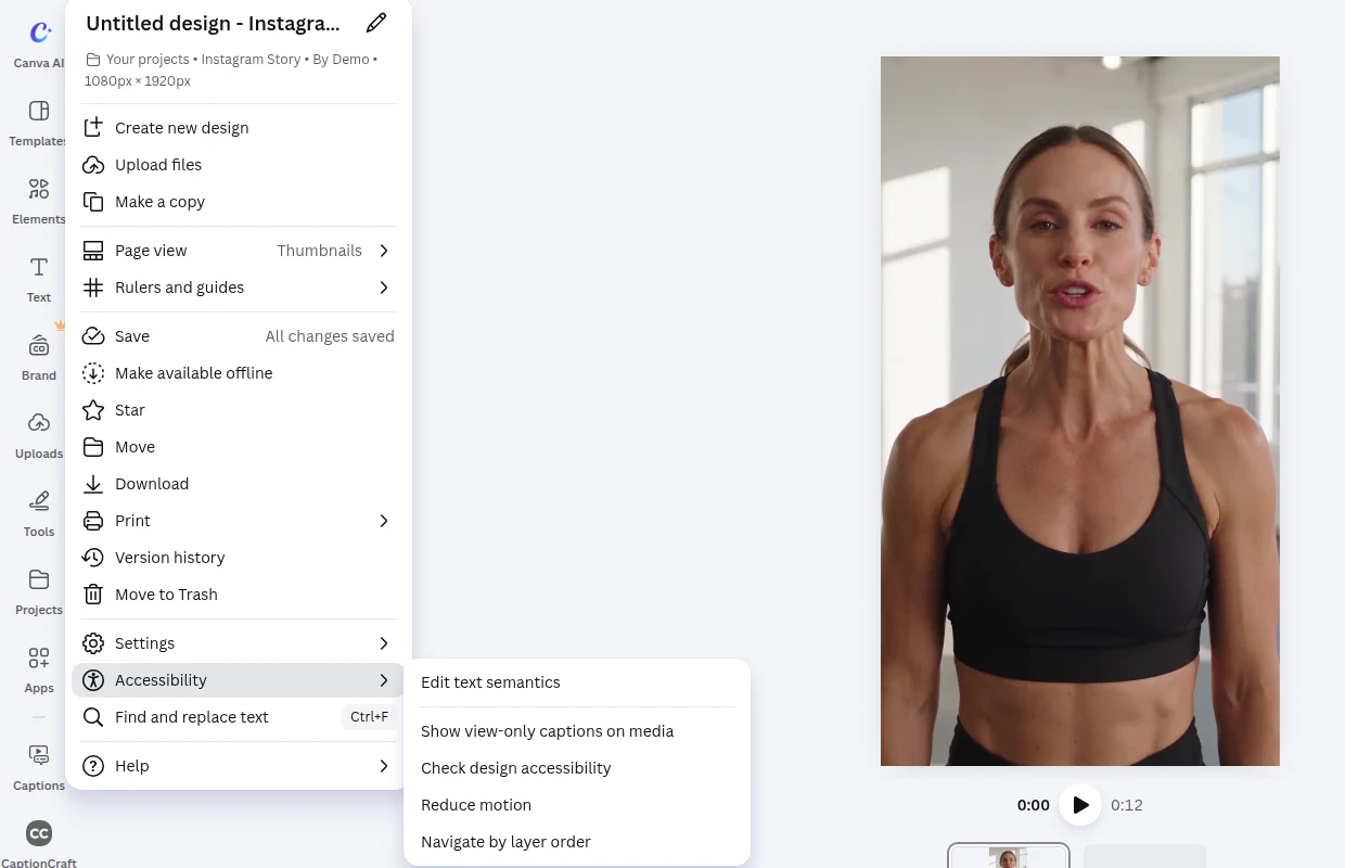 Canva's File menu with the Accessibility submenu open, showing Show view-only captions on media