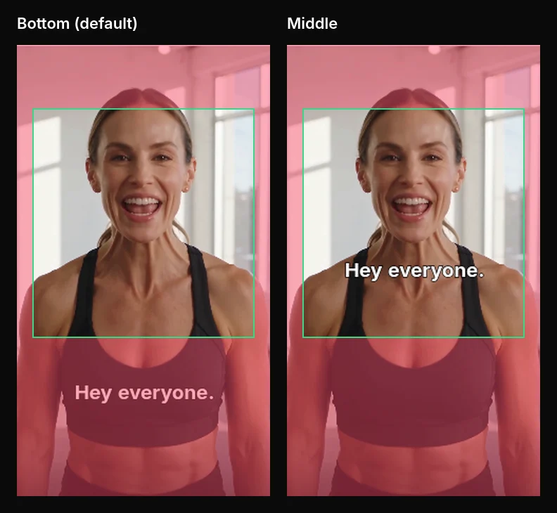 Two CaptionCraft preview frames with the Instagram Reels safe zone drawn on top. Left, Bottom position: the caption is inside the covered bottom 35%. Right, Middle position: the caption is inside the safe area.